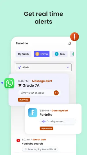 Alerts timeline with a WhatsApp message alert tagged Bullying, a Fortnite gaming alert and a YouTube search alert