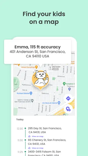 Family locator map placing a child in San Francisco with 115 ft accuracy above a timeline of earlier stops