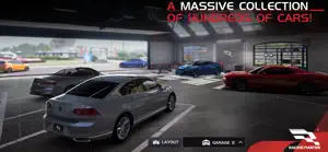 Garage overview with a dozen cars parked under warehouse lights