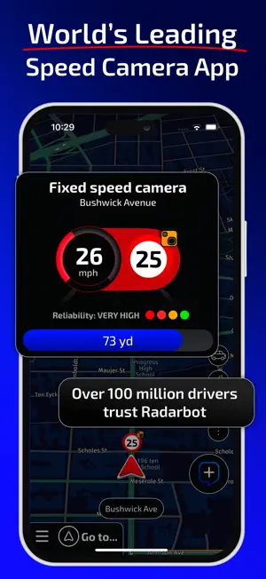 Fixed speed camera alert on Bushwick Avenue showing 26 mph against a 25 mph limit, VERY HIGH reliability and 73 yards to go