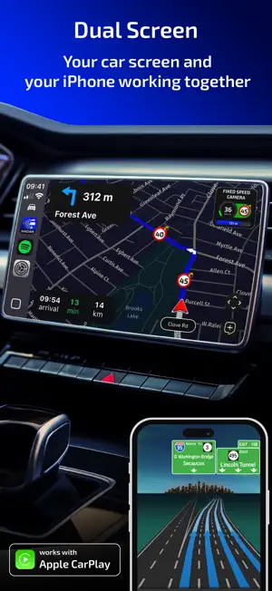 CarPlay dual-screen view with a 312 m turn onto Forest Ave, 40 and 45 limit signs and a fixed speed camera panel, plus lane guidance on the iPhone