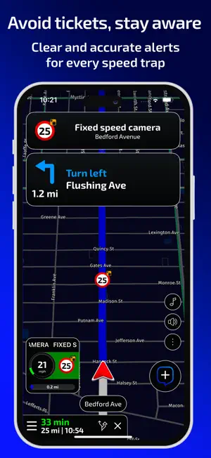 Turn-by-turn route with a left turn onto Flushing Ave in 1.2 miles and a fixed speed camera alert on Bedford Avenue