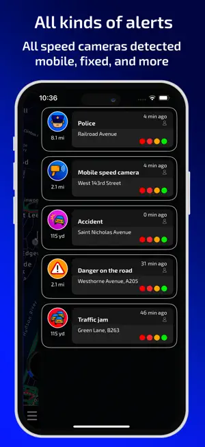 List of community alerts for police, a mobile speed camera, an accident, road danger and a traffic jam, each with distance and minutes since reported