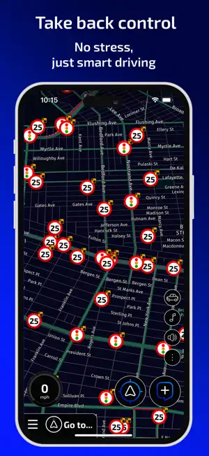 Dark Brooklyn street map packed with 25 mph speed camera and red light camera icons