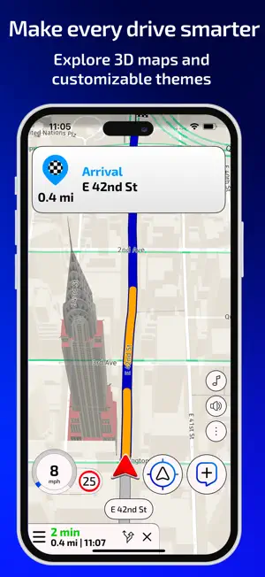 3D map approaching E 42nd St with the Chrysler Building rendered, 8 mph against a 25 mph limit and arrival in 2 minutes