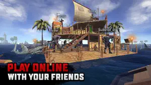 A multi-storey raft crowded with players and a shark surfacing beside it, captioned play online with your friends