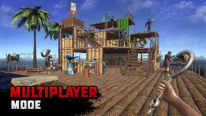 A wooden raft with palm trees, a windmill and several players, captioned multiplayer mode