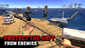 A player holding a spear as a shark leaps at the raft, captioned protect the raft from enemies