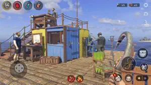 The raft deck with a water still, crates, a shark and the survival HUD