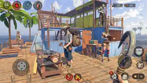 Two players on a raft with a shark surfacing, chests and stations around them