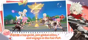 A guild battle scene beside a white-haired hero — Form a top guild and engage in fair PvP