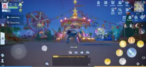 A night-time town square with a Search Party panel open