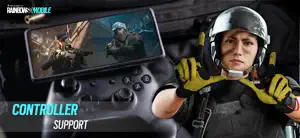 Controller support: an operator with a gamepad in front of a phone showing a firefight