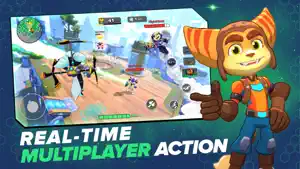 Ratchet beside a hover-bike battle in a jungle arena — Real-Time Multiplayer Action