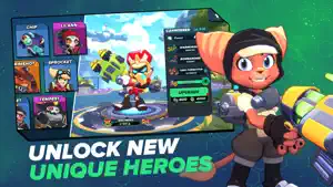 The hero roster screen with a Lombax Ranger and an upgrade panel — Unlock New Unique Heroes