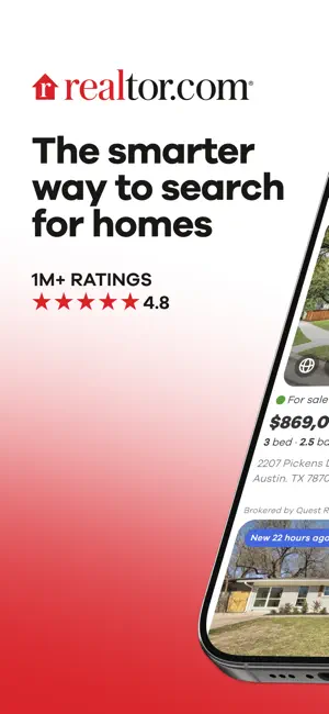 Realtor.com logo with a 'smarter way to search for homes' headline and a 4.8-star, 1M+ ratings badge beside an Austin listing