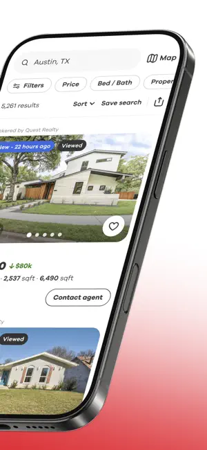 Search results for Austin, TX showing 5,261 homes, Sort and Save search buttons, an $80k price-drop tag and a Contact agent button