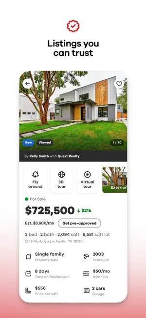 Listing for a $725,500 Austin home with a $21k price cut, Est. $3,600/mo, Get pre-approved, Fly around, 3D tour and Virtual tour