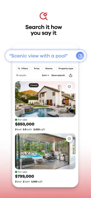 Natural-language search for 'Scenic view with a pool' returning 19 results, led by an $850,000 home with a pool