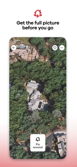 FlyAround 3D aerial view of a house among trees, with a Fly around button at the bottom of the screen