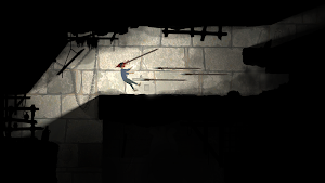The boy leaping across a gap in a dark cave lit by a shaft of light from above