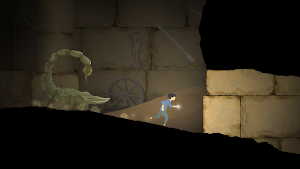 A giant scorpion looming beside a cart wheel as the boy crouches with a torch