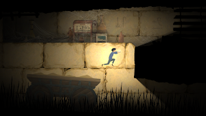 The boy climbing sandstone blocks under a wooden platform with spikes below
