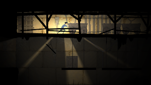 A beam of light through a trapdoor in a timber-framed cellar as the boy runs across a plank