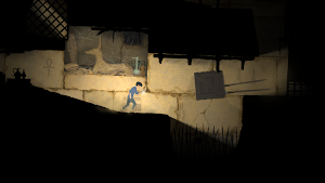 The boy sprinting through a chamber toward a crate beneath a windmill mechanism