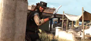 John Marston aiming a revolver around a corner in a frontier town