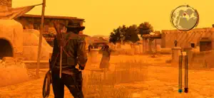 Marston walking a dusty Mexican street at high noon with a minimap