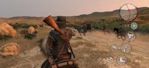 Marston on foot in the brush with a rifle on his back and a bounty target ahead