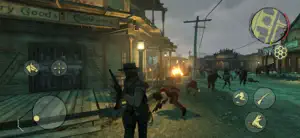A gunfight outside a saloon on a town street at dusk