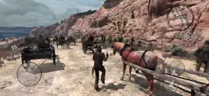 A wagon and riders on a mountain road with a canyon behind