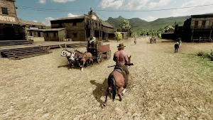 Frontier main street with a stagecoach, a rider on a brown horse and a doctor's office sign