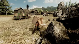 A prospector swinging a pickaxe at a rock face beside a covered wagon