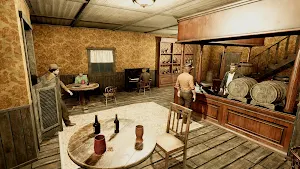 Saloon interior with a round table, bottles, barrels and a barman behind the counter