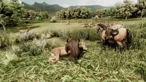 A saddled horse grazing in tall grass with a rider resting beside it