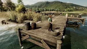 Fishing from a wooden pier with a rowing boat and a barrel at the water's edge