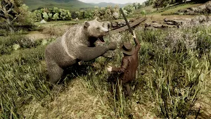 A grizzly bear rearing up at a hunter with a rifle in a grassy clearing