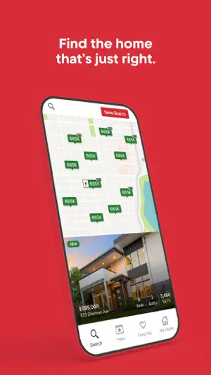 Map view with green price pins and a Save Search button above a $595,000 listing on Sherman Ave, with Search, Feed, Favorites and My Home tabs
