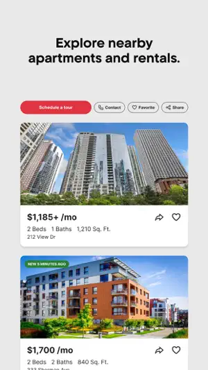 Rental results with Schedule a tour, Contact, Favorite and Share buttons above a $1,185+ per month two-bed apartment and a $1,700 unit tagged New 5 minutes ago