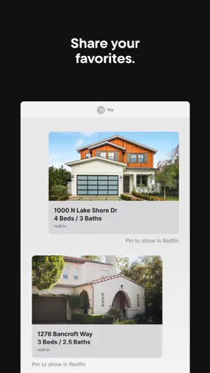 Text message thread sharing redfin.in links to a four-bed home on N Lake Shore Dr and a three-bed home on Bancroft Way