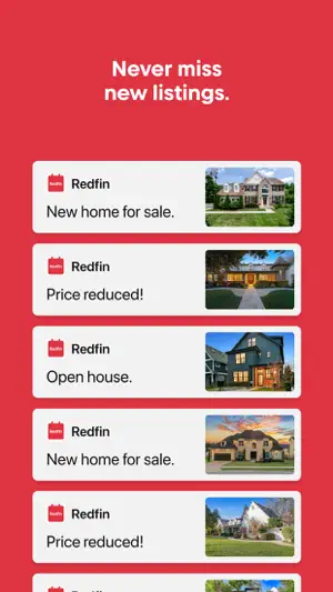 Stack of push alerts reading New home for sale, Price reduced! and Open house, each with a house photo