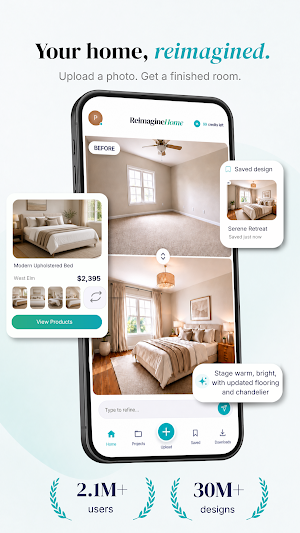 Home tab with a before-and-after pair of bedroom renders, a West Elm upholstered bed card at $2,395 and a credit counter at the top