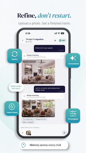 Design Companion chat with a living-room render, Design reasoning panels and quick prompts Try moodier look and Change wall color