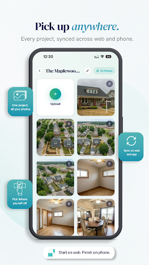 Project screen with an Upload tile and a grid of ten house, aerial street and interior photos