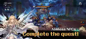 A battle scene with a swordswoman and a mage against a night sky, captioned aimless NPCs, complete the quest