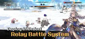 A snowfield battle with squads in formation, captioned deploy in order, relay battle system
