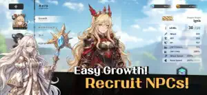 A blonde SSR hero's recruitment screen with stats, captioned easy growth, recruit NPCs